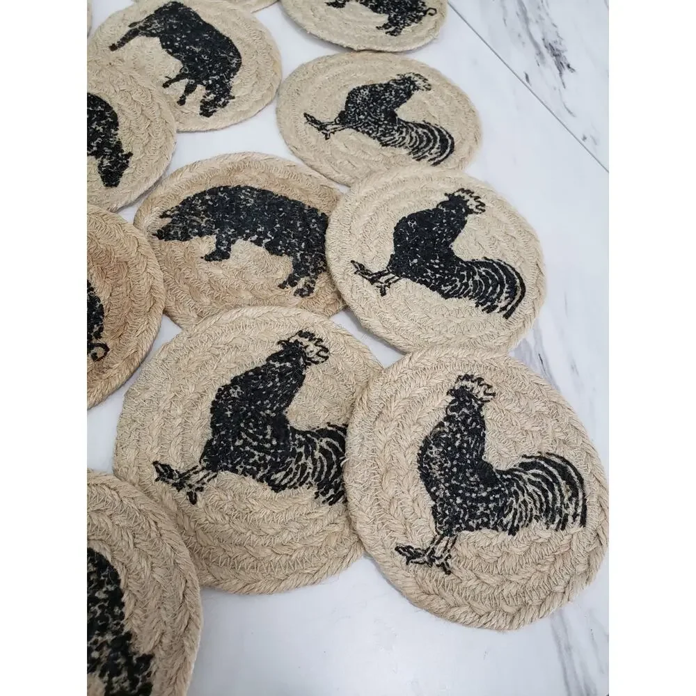 VHC Brand Coasters Cumberland Jute Rustic 4in Set of 15 Cow Chicken Pig Hen Farm